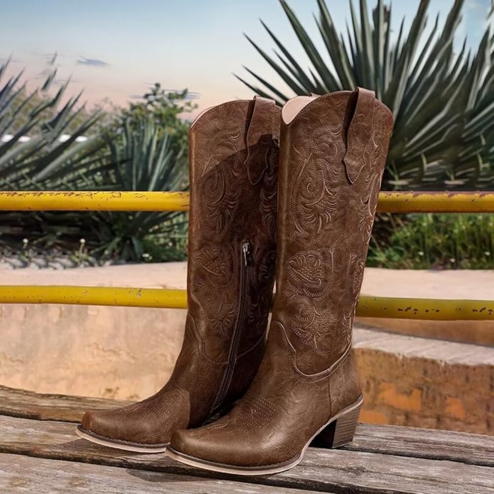Wetkiss Brown Cowboy Boots Floral Embroidered Cowgirl Classic Tall Boots 6.5 NEW - Picture 3 of 6